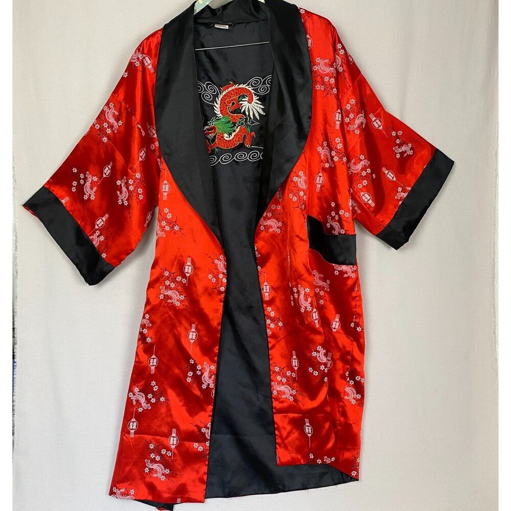 100%SILK Kimono Robe Large Unisex REVERSIBLE Dragon Embroidered